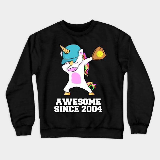 Softball Player 2004 Dabbing Unicorn 19th BDay Crewneck Sweatshirt by Magic Ball